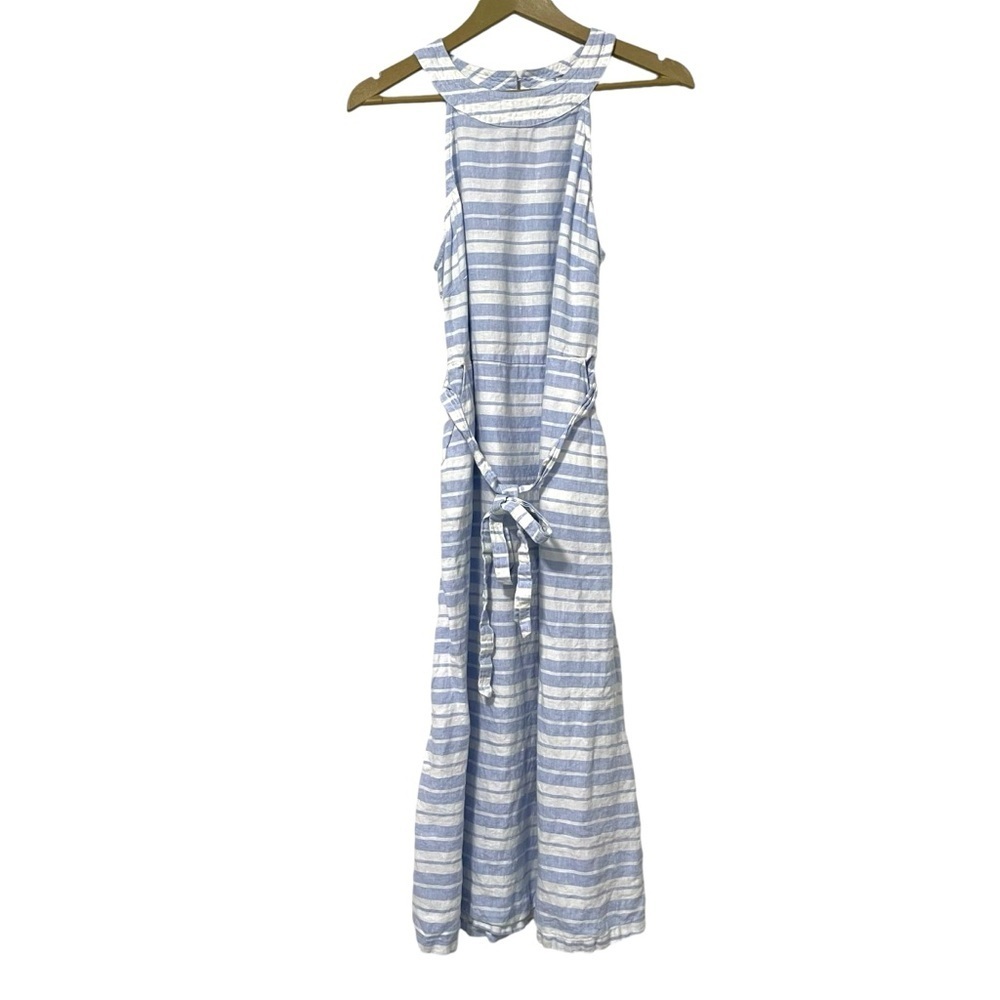 Sigrid Olsen Linen Blue White Striped Halter Neck Dress Size 10 Preppy Nautical